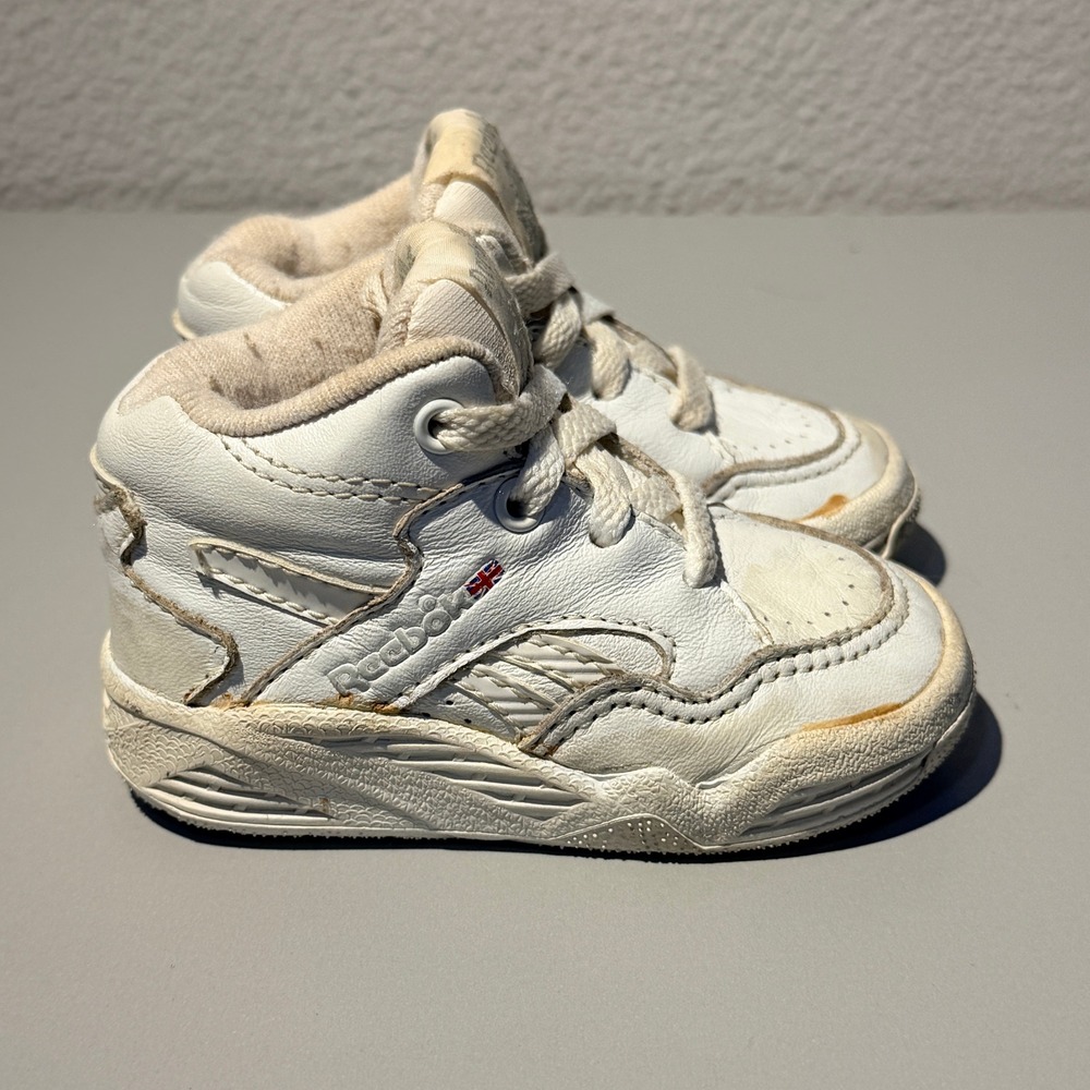 Vintage 80s Reebok BB 4600 High Top Sneakers Kids 3 White Leather Retro Shoes